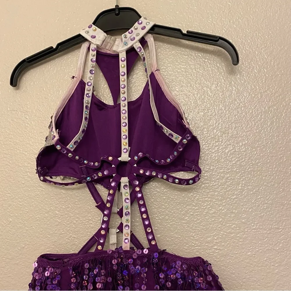 Glamour dance costume purple sequin gems rhinestone fringe embellished child M/L